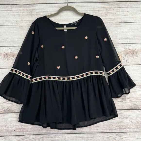 Harlowe & Graham‎ Embroidered Floral Peplum Top Women's Medium Black - Picture 1 of 12